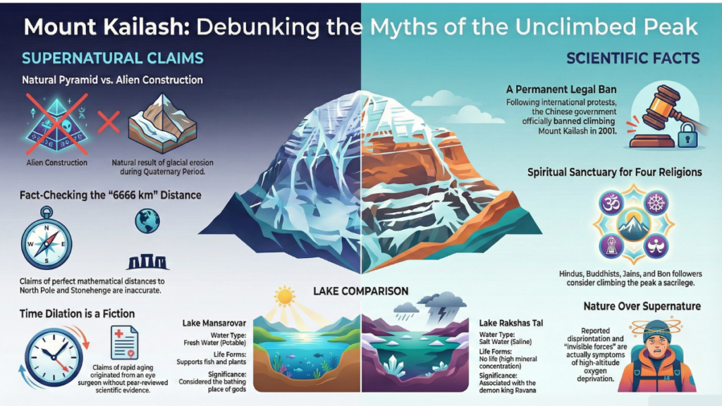 "Golden sunset view of Mount Kailash showing its distinct pyramid shape and snowy peak, symbolizing the Axis Mundi."
