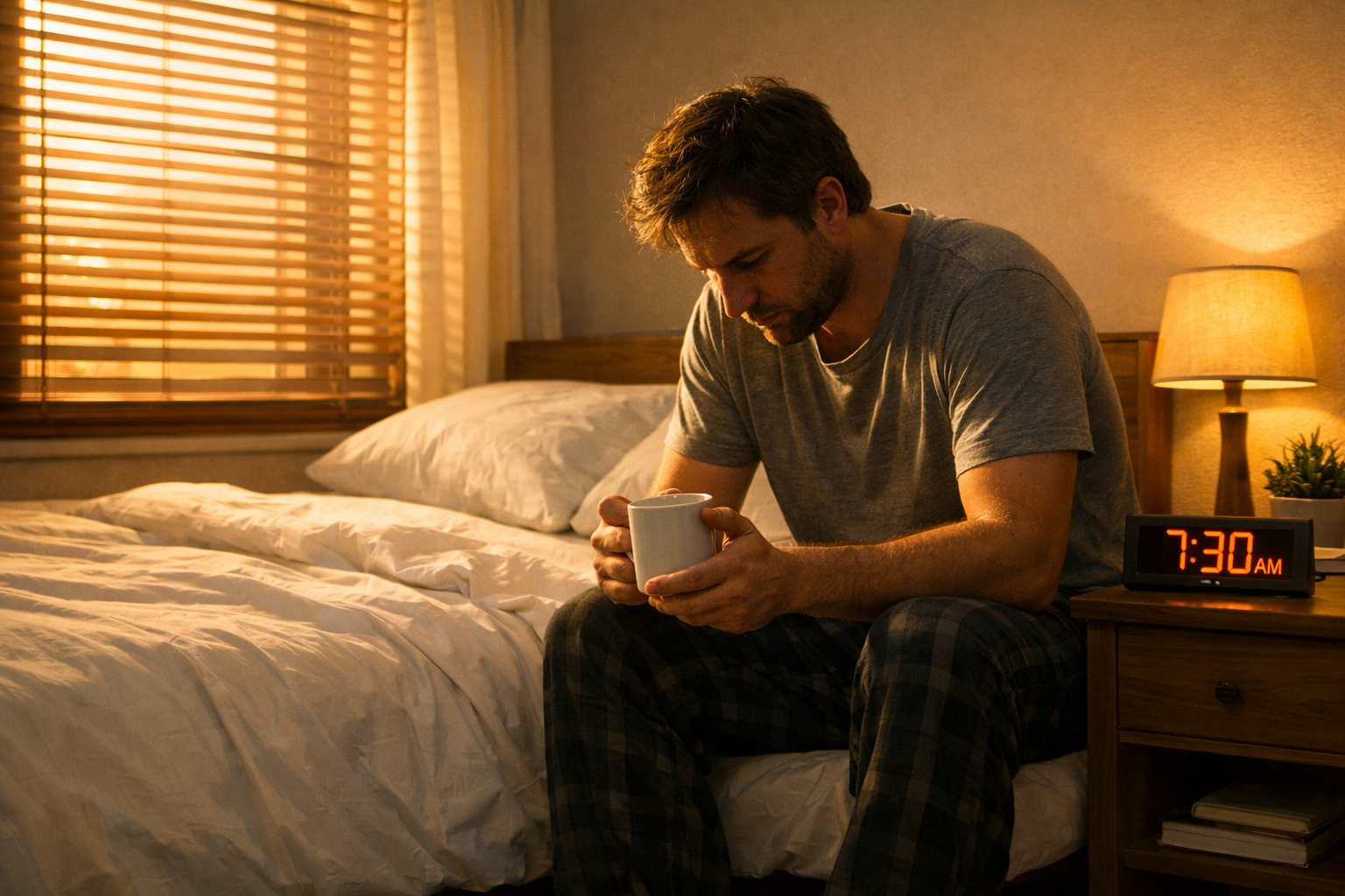 Tired man sitting on the edge of a neatly made bed at dawn, holding a coffee mug, with soft golden sunlight through window blinds and a digital alarm clock showing 7:30 AM.