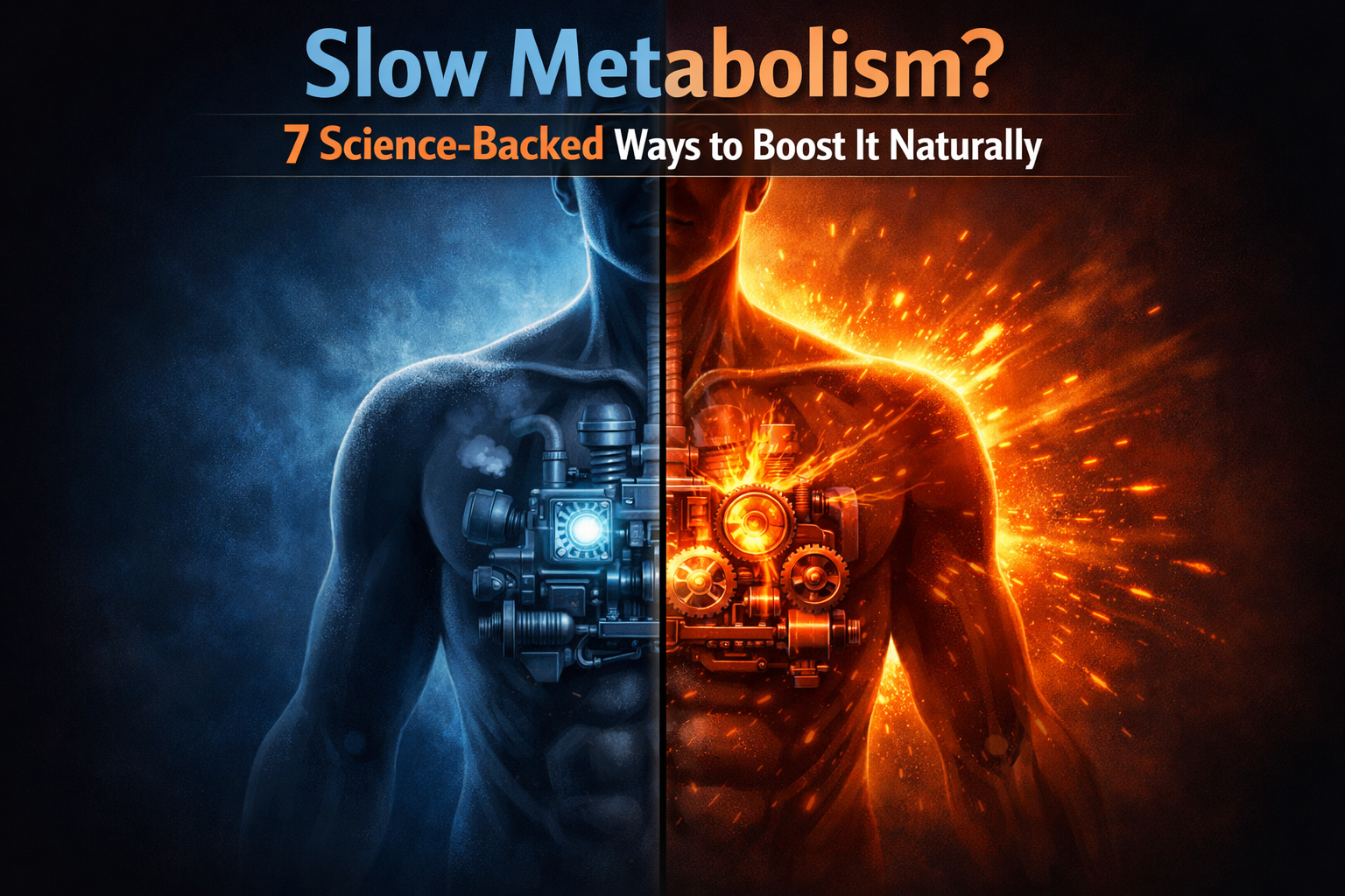 Split illustration of a human body showing slow metabolism with a cold blue metabolic engine on one side and fast metabolism with a glowing orange engine on the other.