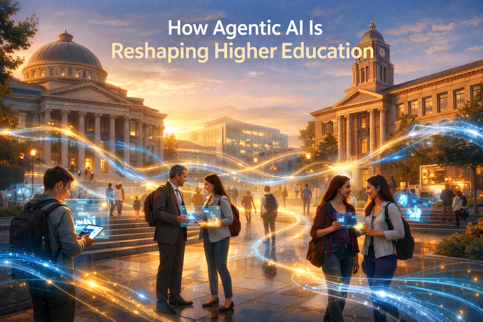 Futuristic university campus showing agentic AI connecting students, faculty, and academic systems through intelligent digital networks