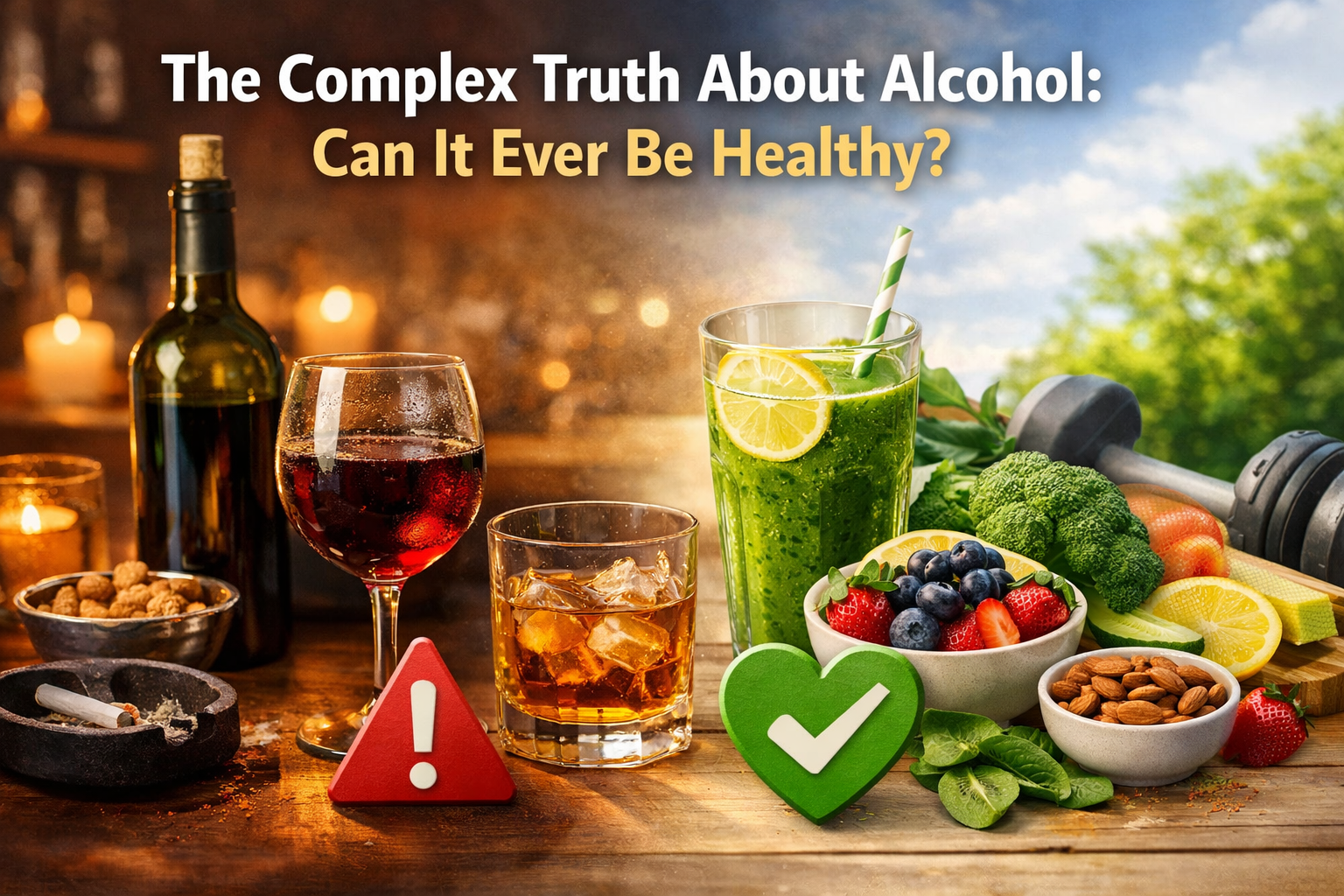 Alcohol versus healthy lifestyle concept showing wine, whiskey, fruits, and exercise equipment