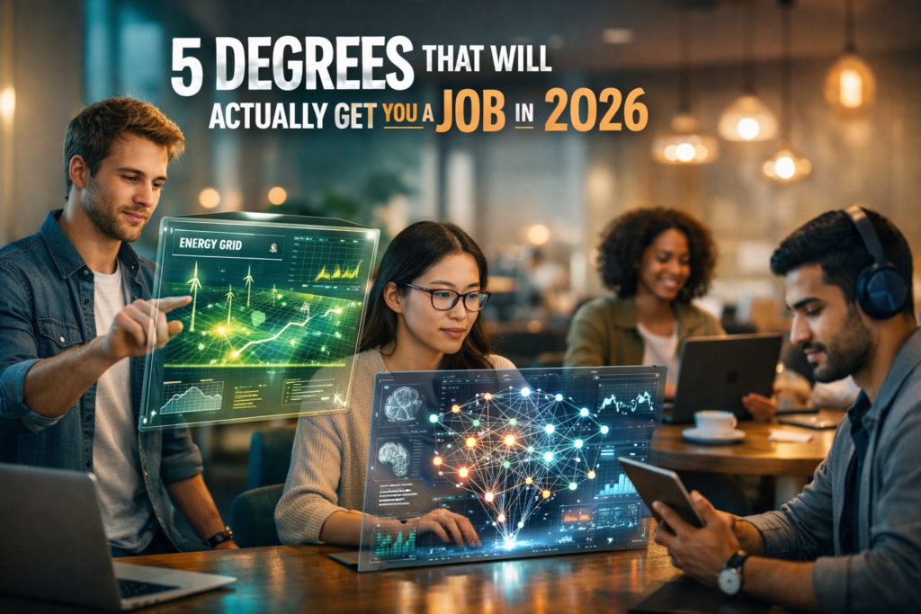 Young professionals working in a futuristic co-working space using holographic AR interfaces showing green energy grids and neural network data, representing in-demand degrees for jobs in 2026.5 Degrees That Will Actually Get You a Job in 2026