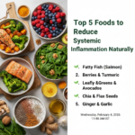 "Top 5 anti-inflammatory foods including wild-caught salmon, turmeric root, fresh berries, leafy greens, and extra virgin olive oil arranged on a table."