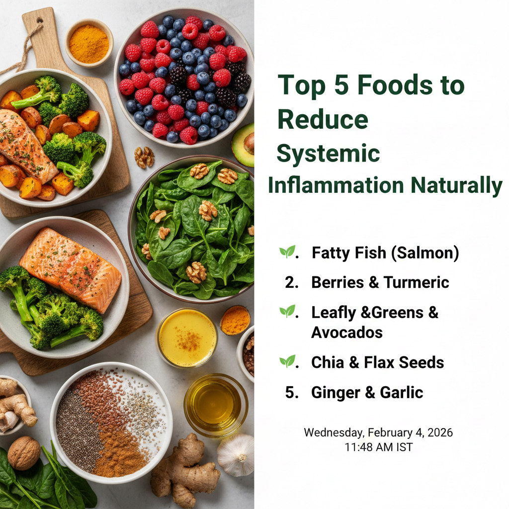 "Top 5 anti-inflammatory foods including wild-caught salmon, turmeric root, fresh berries, leafy greens, and extra virgin olive oil arranged on a table."
