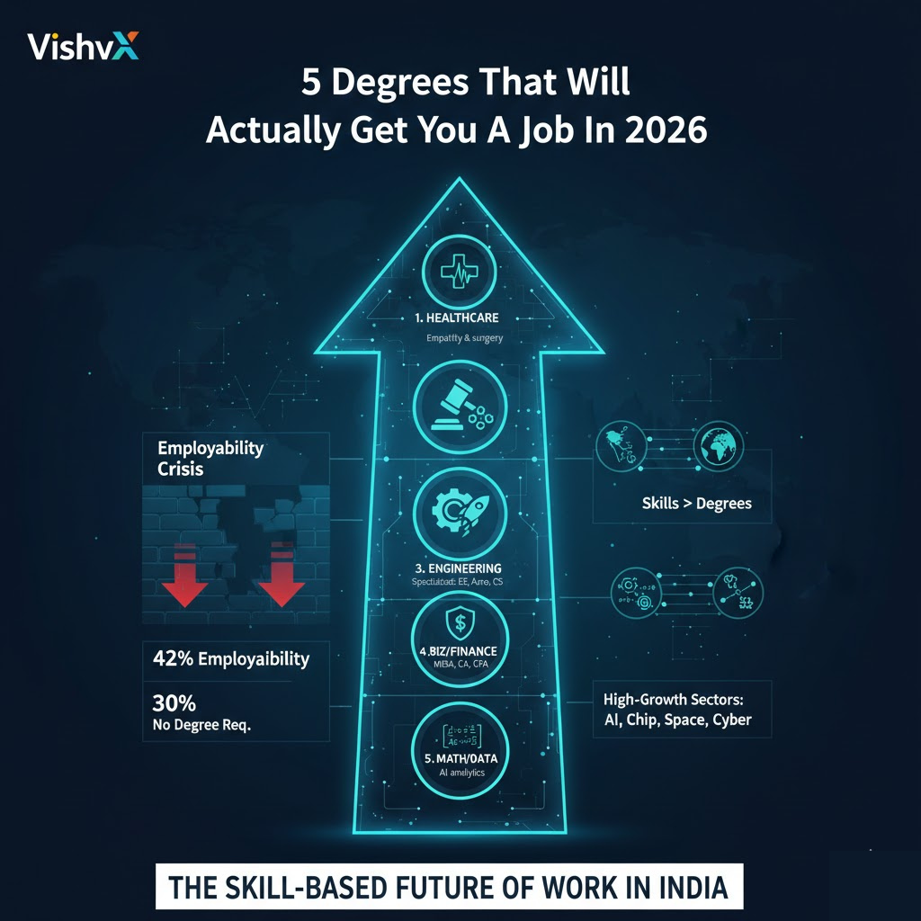 Infographic showing the top 5 degrees for 2026 in India, highlighting healthcare, law, engineering, finance, and data science.