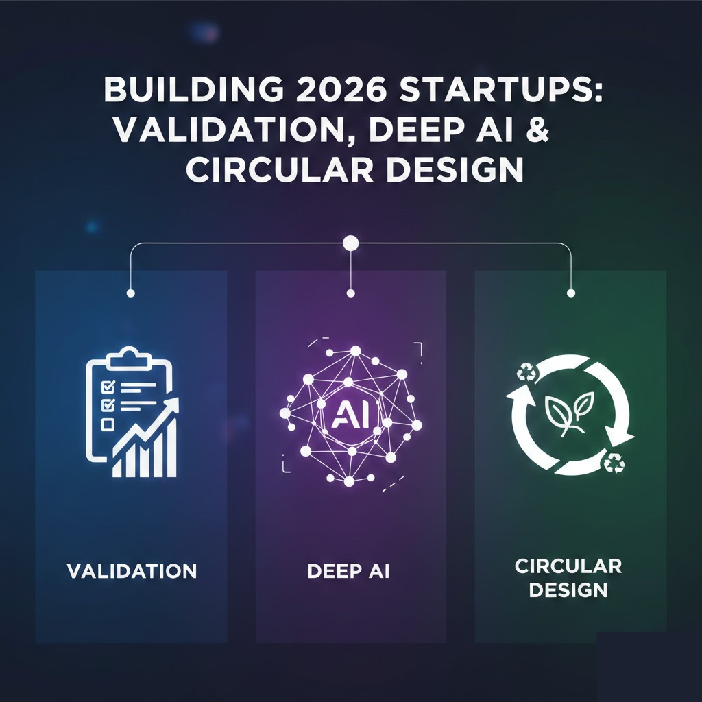 A clean, modern graphic titled "Building 2026 Startups" featuring three distinct sections with icons for startup validation, deep AI, and circular design on a dark blue and violet gradient background.