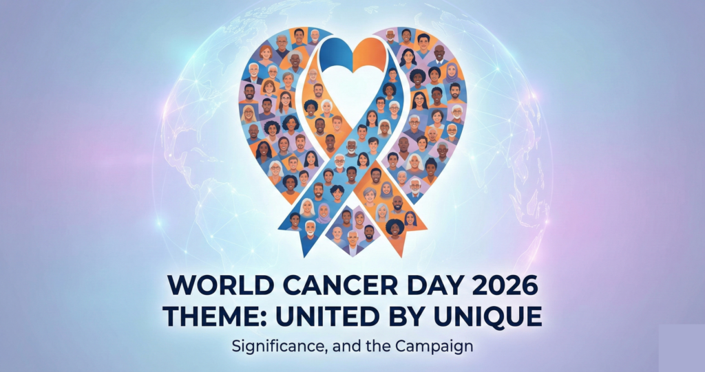 "World Cancer Day 2026 featured image displaying the theme 'United by Unique' with a ribbon illustration made of diverse faces over a global background."