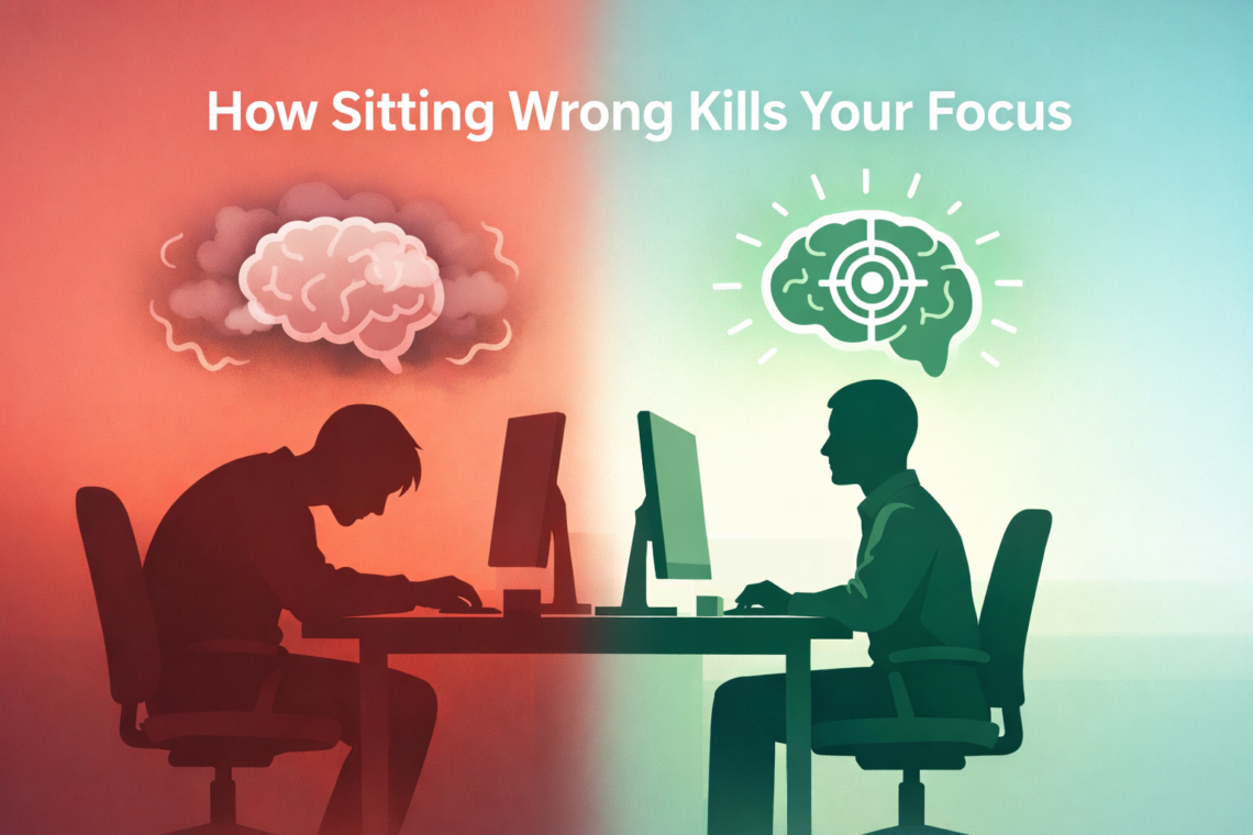 "Comparison of slouched vs upright posture showing impact on focus and productivity"