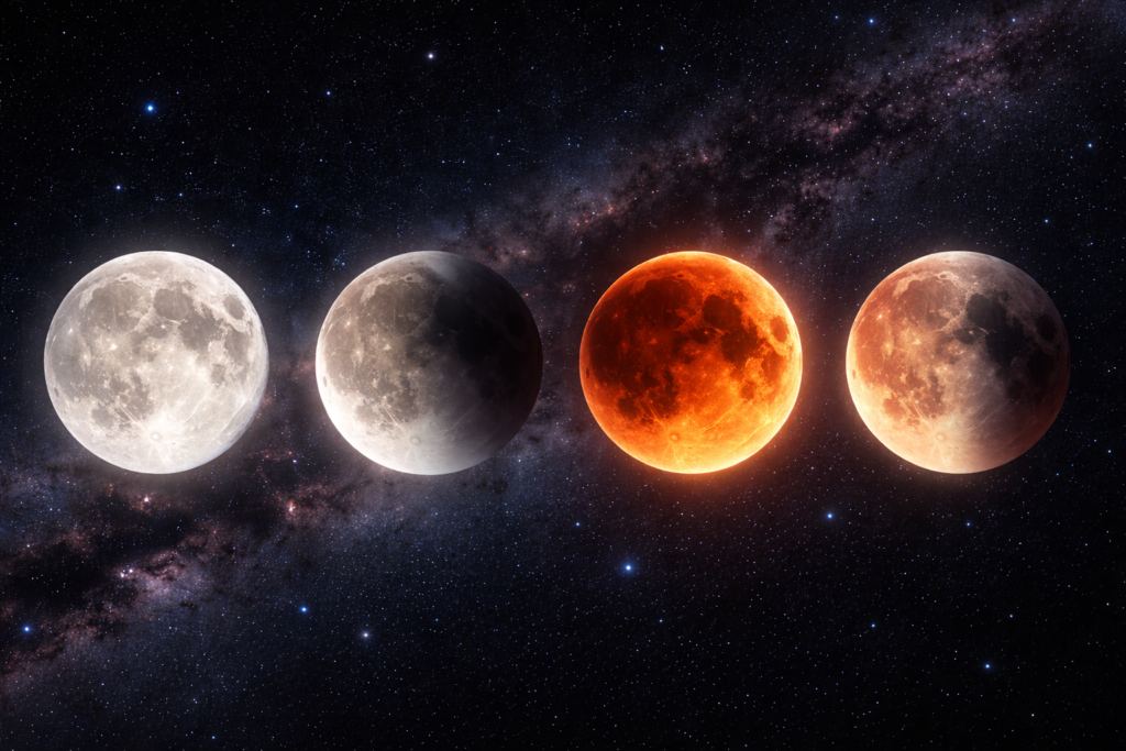 "Comparison of total, partial, and penumbral lunar eclipse phases"