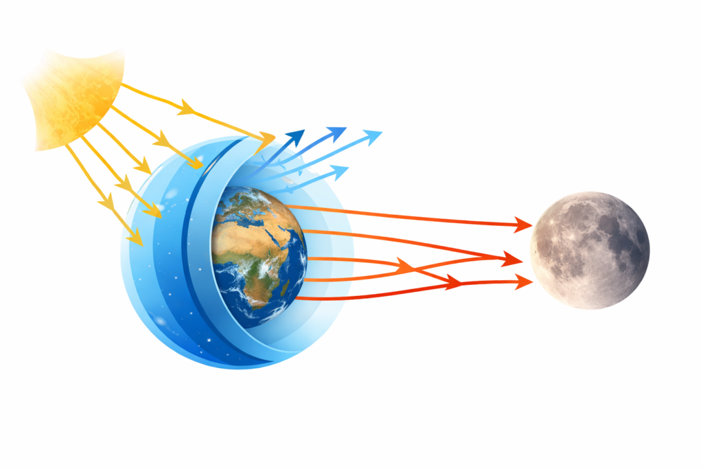 "Diagram showing Rayleigh scattering causing red light to reach Moon during eclipse"