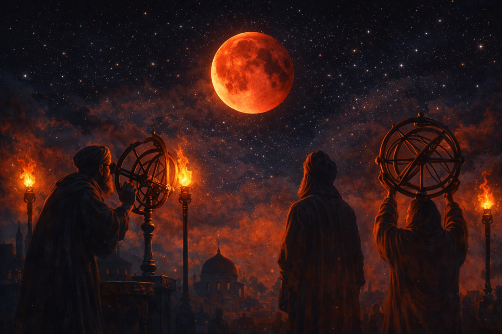 "Ancient astronomers observing and recording lunar eclipse in historical setting"