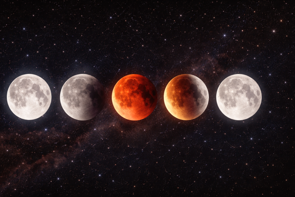 "Timeline sequence showing complete lunar eclipse progression from full Moon through totality"