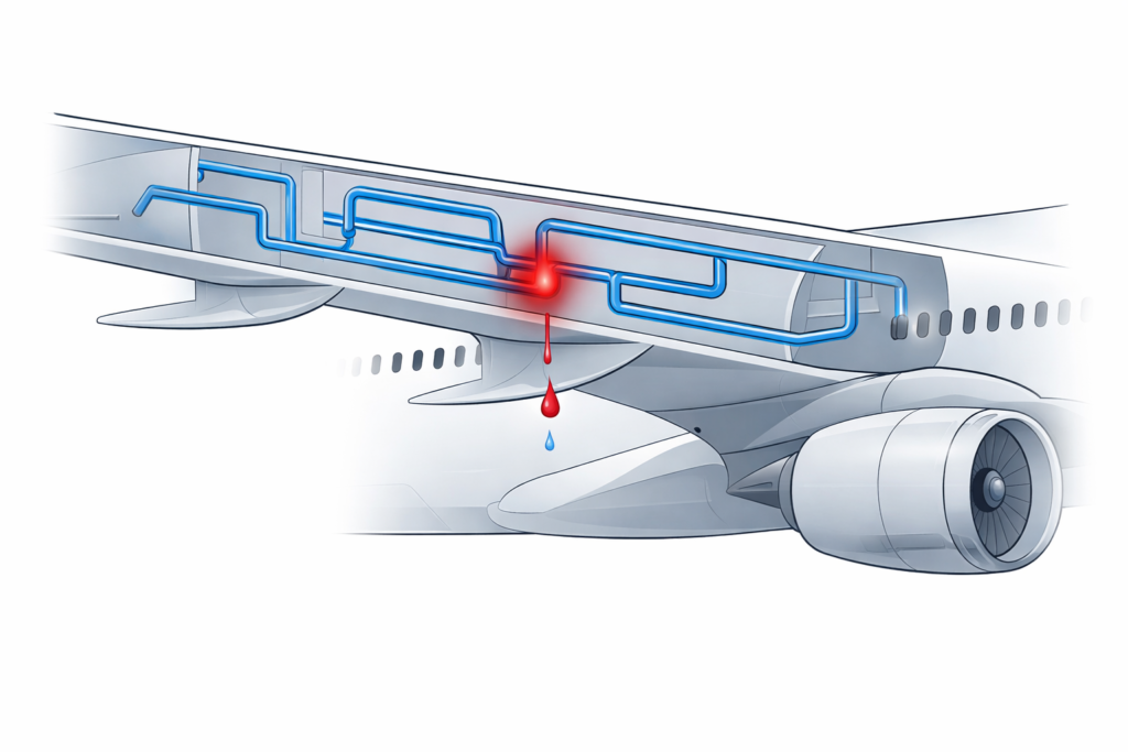 Technical diagram showing fuel leak in aircraft wing