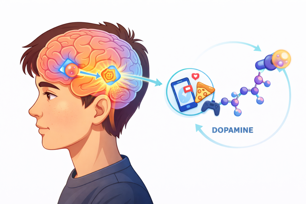 Simple diagram of teenage brain showing dopamine reward system.