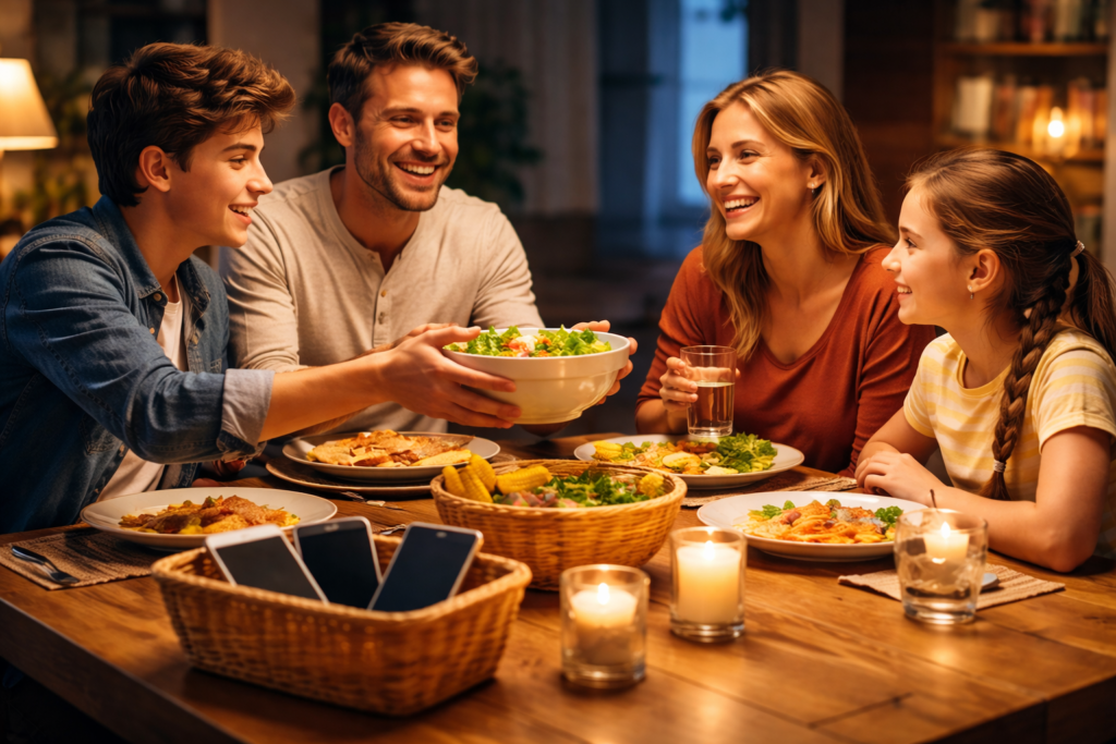 Happy family having dinner together with phones in basket, warm lighting, positive atmosphere