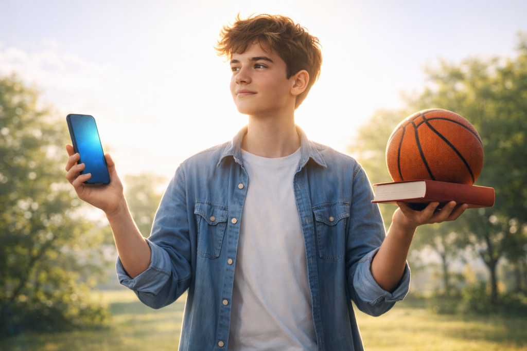 Teenager balancing smartphone in one hand and book/sports equipment in other.