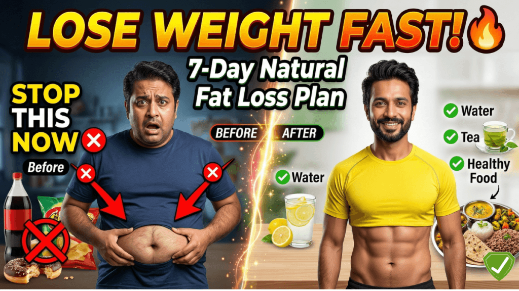 High-impact weight loss transformation thumbnail showing a before-and-after split of a man with healthy food versus junk food.